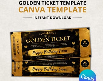 Golden Ticket Template, Printable Golden Ticket Editable Template, Golden Event Ticket, Custom Ticket Invitation, Golden Voucher Template