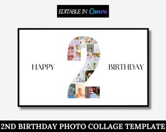 Geburtstagszahl 2 Fotocollage, Geburtstagsgeschenk, Zweiter Geburtstag Foto Meilenstein Zeichen, bearbeitbare Foto Poster Vorlage zum 2