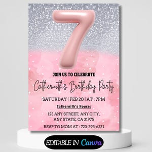 Editable Pink 7th Birthday Invitation Template Glitter Birthday Invite Rainbow Foil Girl Seventh Birthday Instant Download Digital