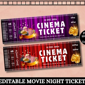Movie Night Ticket,Movie Ticket,Movie Invitation,Surprise Movie Night,Ticket Template,Editable Ticket,Gift Ticket,Date Night Movie