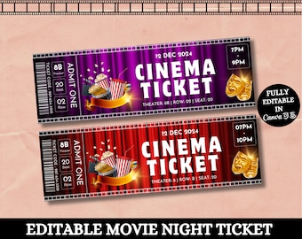 Movie Night Ticket,Movie Ticket,Movie Invitation,Surprise Movie Night,Ticket Template,Editable Ticket,Gift Ticket,Date Night Movie