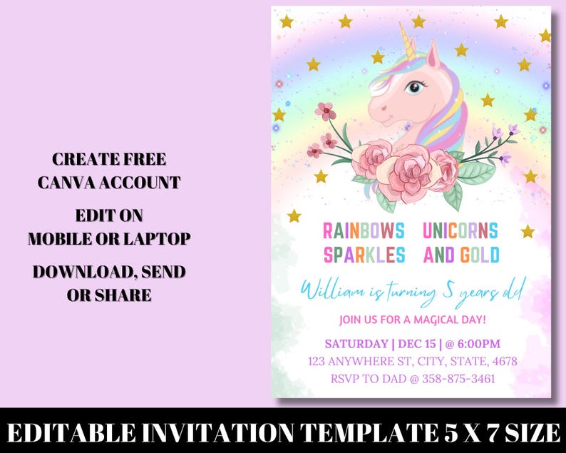 Editable Unicorn Rainbow Birthday Invitation Unicorns Rainbows Sparkles ...