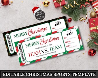 Plantilla de boleto para partido de fútbol navideño, cupón para boleto de fútbol, boleto de fútbol imprimible, boleto de deportes editable e imprimible
