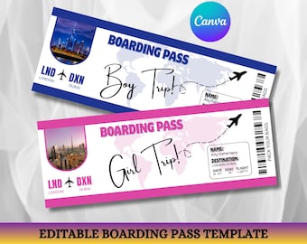 Editable Boarding Pass Template, Printable Personalized Airline Ticket, Canva Boarding Pass, Digital Download Girls and boys Trip Invite