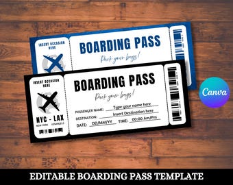 Editable Boarding Pass Template, Printable Plane Ticket, Personalized Travel Gift, Digital Download, Printable Personalized Airline Ticket