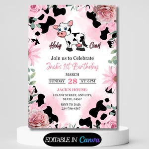 Bewerkbare Heilige koe, ik ben één heilige koe uitnodiging Heilige koe verjaardag 1e verjaardag uitnodigen meisje Barnyard partij heilige koe verjaardagsuitnodiging