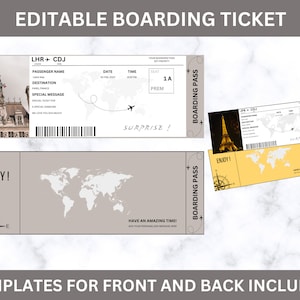 Plantilla de tarjeta de embarque editable, boleto de avión imprimible, viaje sorpresa de la tarjeta de embarque de Canva, boleto de embarque DIY de descarga digital. TDS-13