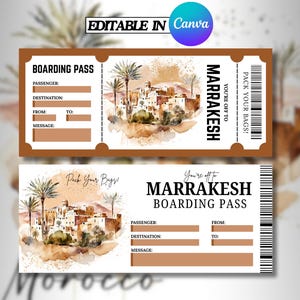 Puede incluir: Dos tarjetas de embarque marrones y blancas con el texto "Marrakech" y "Tarjeta de embarque". Las tarjetas presentan una ilustración de acuarela de un pueblo marroquí con palmeras. También se ve el texto "¡Prepara tus maletas!"