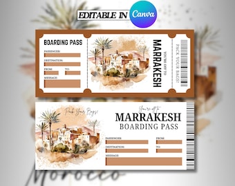 Digital MARRAKESH Surprise Trip Ticket, Morocco Printable Boarding Pass, Printable Vacation Ticket, Vacation Gift Voucher, Editable Gift