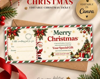 Editable Christmas Ticket Template, Christmas Gift Voucher, Printable Holiday Coupon, Canva Christmas Surprise Ticket