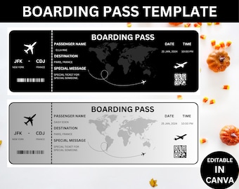 Editable Boarding Pass Template, Printable Airline Ticket, Plane Boarding Pass Surprise Trip, Digital Download DIY Boarding Ticket, Canva