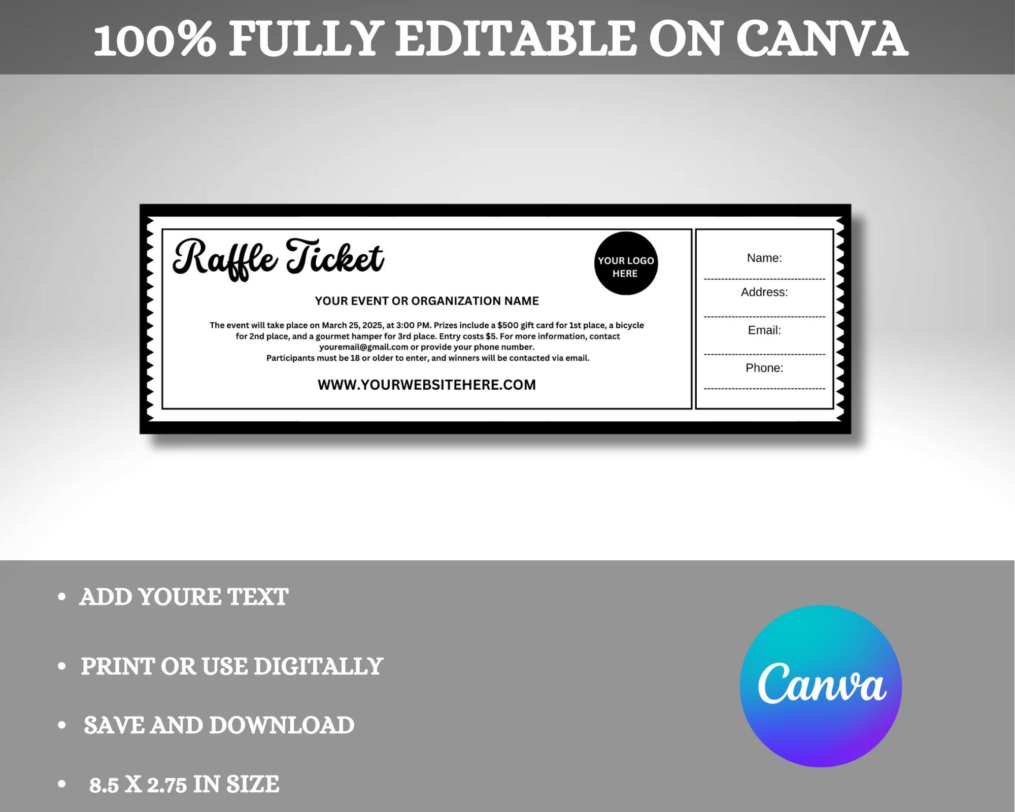 Editable Raffle Event Ticket Template, Raffle Ticket Form, Digital ...