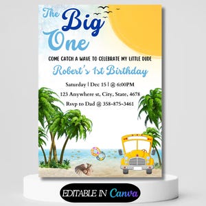 Editable Boy The Big One Surfing 1st Birthday Party Invitation Retro Boy Surf Van Surfboard Beach Party Invite Instant Download