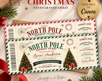Bewerkbaar toegangsbewijs voor de kerstgrot van de Kerstman, kerstbeleving op de Noordpool, ontmoeting met de Kerstman, kortingsbon voor Lapland, printbaar toegangsbewijs (Canva-sjabloon)