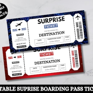 Editable Surprise Trip Ticket, Surprise Boarding Coupon Pass, Event Ticket, Gift Printable, Instant Download, Boarding Pass Canva Template