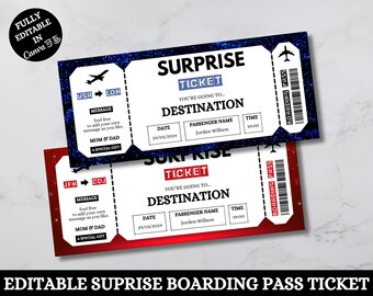 Editable Surprise Trip Ticket, Surprise Boarding Coupon Pass, Event Ticket, Gift Printable, Instant Download, Boarding Pass Canva Template