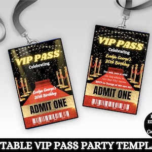 Bearbeitbare VIP Pass Partyvorlage, druckbare VIP Pass-Einladungsabzeichen für den roten Teppich, Hollywood VIP Pass-Partykarte laden Canva-Vorlage ein