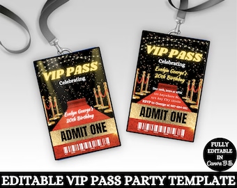 Editable VIP Pass party template, Printable Red Carpet VIP Pass invitation badges, Hollywood VIP Pass party card invite canva template