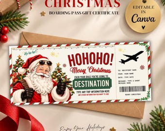 Christmas Boarding Pass Gift Certificate, Editable Vacation Gift Voucher, Printable Plane Ticket Surprise, Last Minute Travel Gift