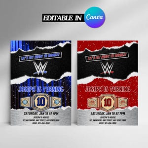 May include: Two birthday party invitations with a wrestling theme. Each invitation features the WWE logo, the text "LET'S GET READY TO RUMBLE!" and "JOSEPH IS TURNING 10". One has a blue background, the other red.