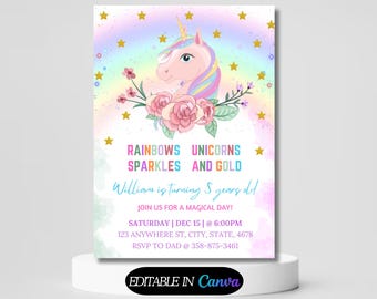 Pode incluir: Um convite imprimível para uma festa de aniversário com tema de unicórnio. O convite apresenta um unicórnio rosa com uma crina e cauda arco-íris, rodeado de flores rosas e estrelas douradas. O texto do convite diz "RAINBOWS UNICORNS SPARKLES AND GOLD William is turning 5 years old JOIN US FOR A MAGICAL DAY! SATURDAY | DEC 15 | @ 6:00PM 123 ANYWHERE ST, CITY, STATE, 4678 RSVP TO DAD @ 358-875-3461 EDITABLE IN Canva"