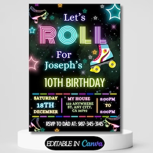 Skate Party Birthday Invitation, Party Invitation, girl, boy, Roller Skating, Retro Neon Lights, Editable Evite Template, Editable Canva