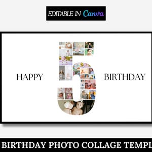 5th Birthday Photo Collage Template, 5th Collage, Custom Gift for her, Number 5 Collage, 5th Birthday, Number Collage, Canva Template