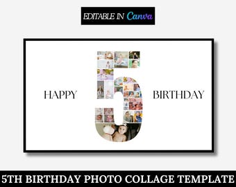 5th Birthday Photo Collage Template, 5th Collage, Custom Gift for her, Number 5 Collage, 5th Birthday, Number Collage, Canva Template