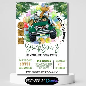 Wild One Birthday Boy Invitation, EDITABLE Safari Animals Party Invite Template, Jungle Safari Theme First Birthday, Instant Download