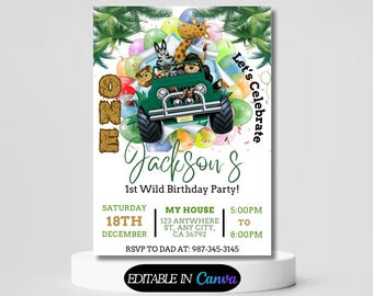 May include: Green and brown invitation for a 1st birthday party with a jungle theme. The invitation features a cartoon jeep with animals, balloons, and the text "Let's Celebrate Jackson's 1st Wild Birthday Party!"  The invitation also includes the date, time, and RSVP information.