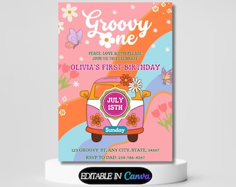 Editable ONE Groovy Babe Pink Peach Van Daisy Rainbow Groovy 1st Birthday Hippie Party Invitation Template Instant Download Groovy One Invit