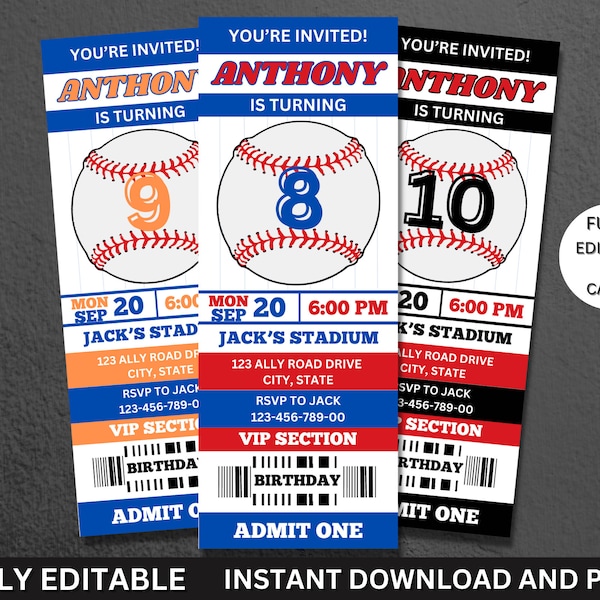 Baseball Invitation, Birthday, Sports Ticket Style Party, Editable Baseball Invitation, Baseball Birthday Party Invite, Baseball Ticket
