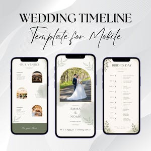 May include: Three smartphones displaying a wedding timeline template for mobile. The screens show text including WEDDING TIMELINE, Template for Mobile, OUR VENUES, EMMA & NOAH, and BRIDE'S DAY, alongside botanical illustrations and a photo of a couple.