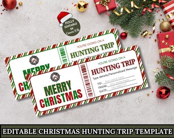May include: Two Christmas-themed hunting trip tickets with red and green striped borders. The tickets have the words "Merry Christmas" and "Hunting Trip" printed on them. The tickets are fully editable in Canva.