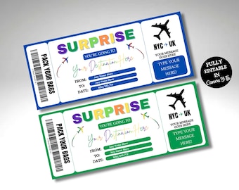 Surprise Editable Boarding Pass Template, Printable Personalized Airline Ticket, Canva Boarding Pass, Digital Download DIY Boarding Ticket