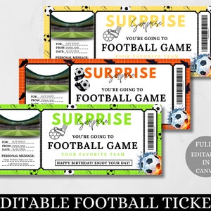 Boleto de fútbol sorpresa, boleto de fútbol sorpresa, plantilla de boleto de regalo, juego de fútbol, descarga instantánea de boleto de fútbol de cupón personalizado
