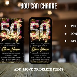 May include: A digital invitation for a 50th birthday party. The invitation features a gold and black design with the number 50 in large, sparkling gold letters. The text "50th Birthday" is written in a gold script font. The invitation includes the date, time, and location of the party, as well as the name of the birthday person, "Olivia Johnson".