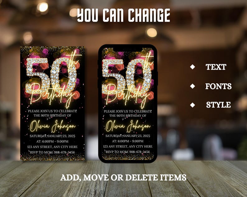 May include: A digital invitation for a 50th birthday party. The invitation features a gold and black design with the number 50 in large, sparkling gold letters. The text "50th Birthday" is written in a gold script font. The invitation includes the date, time, and location of the party, as well as the name of the birthday person, "Olivia Johnson".