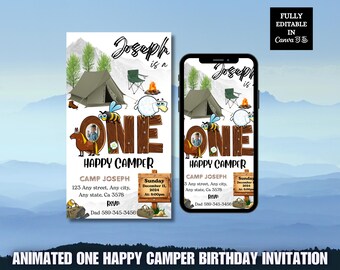 Editable One Happy Camper 1st Birthday Invitation Template With Picture Rustic Woodland Trees Mountain Text Invite Boys First Bday