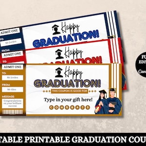 Ausdruckbare Schulabschluß-Coupon. Abschlussgeschenke. Bearbeitbare Gutscheine. College-Abschluss-Geschenk. Abitur Geschenk. Bearbeitbares Ticket. Grad