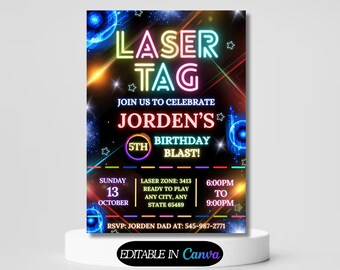 Laser Tag Birthday Invitation Template, Green Blue Glow, Laser Tag Invite, Laser Tag Party, Laser Tag Invitation, Neon Glow,  Editable Canva