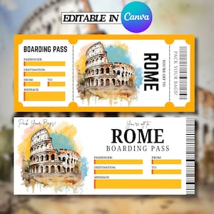 Könnte beinhalten: Zwei gelbe Bordkarten mit dem Text "ROME" und "BOARDING PASS". Jede Karte zeigt eine Aquarellillustration des Kolosseums und Felder für Passagierdetails. Die obere Karte trägt den Text "EDITABLE IN Canva".