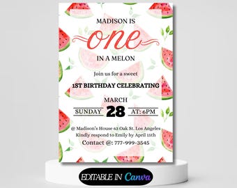 Watermelon First Birthday Invitation Set | Editable Girl Melon 1St Birthday Invitation | Printable Summer Watermelon Birthday Invite
