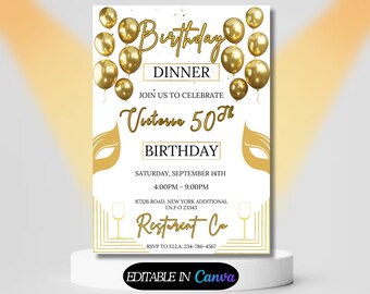 Digital Birthday Dinner Invitation Template, Black And White Tie Glam Invite, Black Golden Diamond Evite For Men & Women, Self Editable