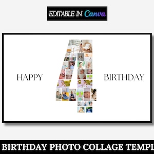 4th Birthday Photo Collage Template, 4th Birthday Photo Milestone Sign, Number 4, Editable 4th Birthday Photo Poster Template, Canva