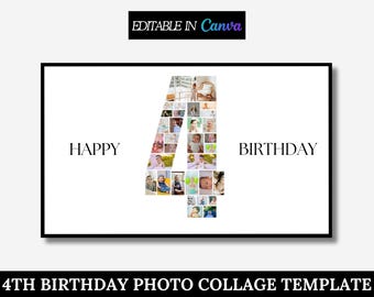 4th Birthday Photo Collage Template, 4th Birthday Photo Milestone Sign, Number 4, Editable 4th Birthday Photo Poster Template, Canva