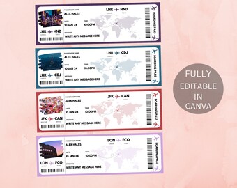 Plantilla de tarjeta de embarque editable, boleto de avión imprimible, viaje sorpresa de la tarjeta de embarque de Canva, boleto de embarque DIY de descarga digital.