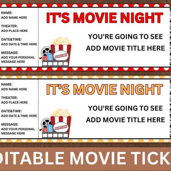 Printable MOVIE Gift Tickets. Cinema Themed Gift Reveal Ticket. Movie Night Printable Ticket. Instant Download. Movie Ticket Birthday Party.