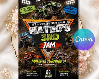 Monster Truck Birthday Invitation Editable Canva Template Monster Truck Jam Party Invite Boys Invitation Printable Instant Download
