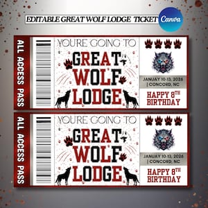May include: Two Great Wolf Lodge tickets with a red and black design. The tickets feature the text "You're Going to Great Wolf Lodge", a wolf illustration, paw prints, and the text "Happy 8th Birthday". The tickets are for January 10-13, 2026 in Concord, NC.